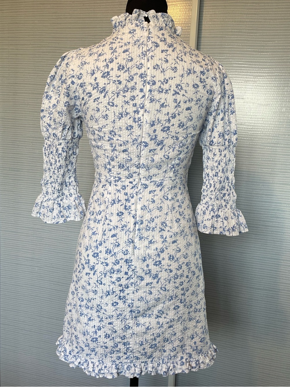 Laura Ashley x UO Maisy Mock Neck Mini Dress White Blue Floral Ruffle Eyelet XS - Picture 3 of 15